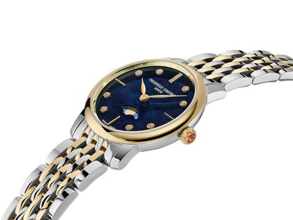 Frederique Constant Slimline Ladies Moonphase Quarz Edelstahl 30mm Perlmutt-Zifferblatt Metallband – Damenuhren Uhr ohne Datum aus Edelstahl und PVD beschichtet. Das Gehäuse ist rund und silber-gelbgold. Das vergoldetes Edelstahlarmband ist silber-gelbgold. Das Zifferblatt ist ein Index in blau. – Ansicht 3