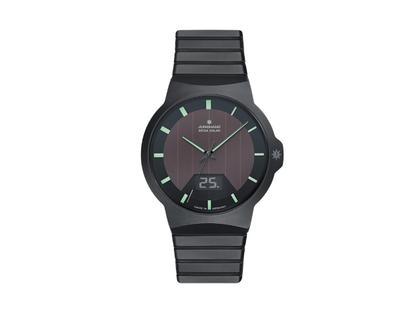 Herrenuhren Uhr mit Datum aus Edelstahl und Keramik. Das Gehäuse ist rund und schwarz. Das Keramikarmband ist schwarz. Das Zifferblatt ist ein Index in schwarz.