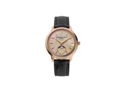 Frederique Constant Classics Moneta Moonphase Quarz Edelstahl Roségold-PVD 34mm rosa Perlmutt-Zifferblatt schwarzes Lederband – Damenuhren Uhr ohne Datum aus Edelstahl, Leder und PVD beschichtet. Das Gehäuse ist rund und roségold. Das Lederarmband Kroko / Alligator ist schwarz. Das Zifferblatt ist ein Index in roségold.