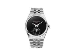 Frederique Constant Highlife Moonphase Date Manufacture Time+Tide Automatik Edelstahl 39mm schwarzes Onyx Zifferblatt – Herrenuhren Uhr mit Datum aus Edelstahl und Leder. Das Gehäuse ist rund und silber. Das Edelstahlarmband ist silber. Das Zifferblatt ist ohne Zeichen und schwarz.