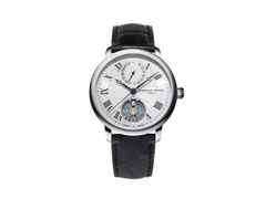 Frederique Constant Classics Monolithic Manufacture Automatik Edelstahl 40mm silberfarbenes Zifferblatt schwarzes Lederband – Herrenuhren Uhr mit Datum aus Edelstahl und Leder. Das Gehäuse ist rund und silber. Das Lederarmband Kroko / Alligator ist schwarz. Das Zifferblatt ist römisch und silber.