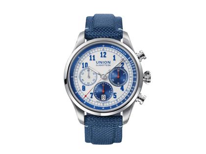 Union Glashütte Belisar Chronograph Automatik Edelstahl 44mm weiß-blaues Zifferblatt blaues Textilband und blaues Lederband - Set Juwelier Roller exklusiv – Herrenuhren Chronograph aus Edelstahl und Leder. Das Gehäuse ist rund und silber. Das Lederarmband ist blau. Das Zifferblatt ist arabisch und weiß. – Ansicht 2