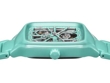 Rado True Square Open Heart Automatik Keramik 38mm türkises Zifferblatt türkises Keramikband – Herrenuhren Uhr ohne Datum aus Keramik, rhodiniert und Titan. Das Gehäuse ist quadratisch. Das Keramikarmband ist türkis. Das Zifferblatt ist skelettiert und türkis. – Ansicht 3
