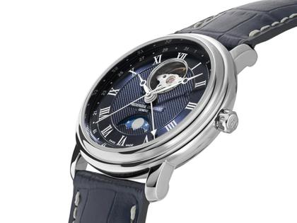 Frederique Constant Classics Heart Beat Moonphase Date Automatik Edelstahl 40mm blaues Zifferblatt blaues Lederband – Herrenuhren Uhr mit Datum aus Edelstahl und Leder. Das Gehäuse ist rund und silber. Das Lederarmband ist blau. Das Zifferblatt ist römisch und blau. – Ansicht 3