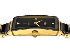 Rado Integral Quarz Edelstahl Gelbgold-PVD 28,5 x 31,5mm schwarzes Zifferblatt mit Brillanten Metallband – Damenuhren Uhr mit Datum aus Edelstahl, Keramik und PVD beschichtet. Das Gehäuse ist rechteckig und gelbgold. Das Edelstahlarmband ist schwarz. Das Zifferblatt ist ein Index in schwarz. – Ansicht 3