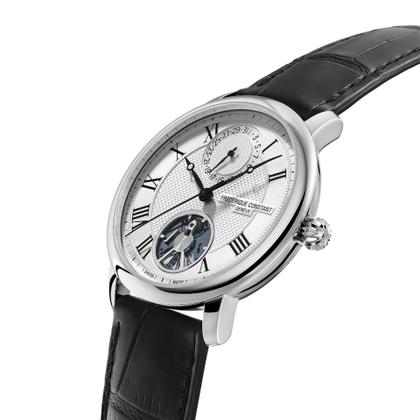 Frederique Constant Classics Monolithic Manufacture Automatik Edelstahl 40mm silberfarbenes Zifferblatt schwarzes Lederband – Herrenuhren Uhr mit Datum aus Edelstahl und Leder. Das Gehäuse ist rund und silber. Das Lederarmband Kroko / Alligator ist schwarz. Das Zifferblatt ist römisch und silber. – Ansicht 2