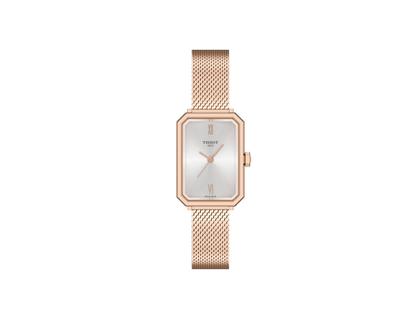 Tissot SRV Quarz Edelstahl Roségold-PVD 22x30mm silbernes Zifferblatt Metallband – Damenuhren Uhr ohne Datum aus Edelstahl und PVD beschichtet. Das Gehäuse ist rechteckig und silber. Das Edelstahlarmband ist roségold. Das Zifferblatt ist römisch und silber.