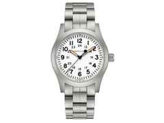 Hamilton Khaki Field Mechanical Handaufzug Edelstahl 42mm weißes Zifferblatt Metallband – Herrenuhren Uhr ohne Datum aus Edelstahl. Das Gehäuse ist rund und silber. Das Edelstahlarmband ist silber. Das Zifferblatt ist arabisch und weiß.