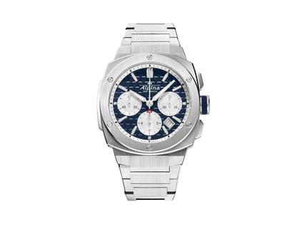 Herrenuhren Chronograph aus Edelstahl. Das Gehäuse ist rund und silber. Das Edelstahlarmband ist silber. Das Zifferblatt ist ein Index in blau.