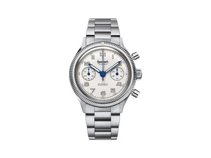 Hanhart 417 ES Moby Dick Chronograph Handaufzug Edelstahl 39mm weißes Zifferblatt Metallband – Herrenuhren Chronograph aus Edelstahl. Das Gehäuse ist rund und silber. Das Edelstahlarmband ist silber. Das Zifferblatt ist arabisch und weiß.