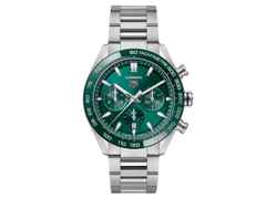 TAG Heuer Carrera Chronograph Automatik Edelstahl 44mm grünes Zifferblatt Metallband – Herrenuhren Chronograph aus Edelstahl und Keramik. Das Gehäuse ist rund und silber. Das Edelstahlarmband ist silber. Das Zifferblatt ist ein Index in grün.
