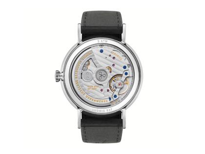 Nomos Glashütte Ludwig neomatik 41 Datum Automatik Edelstahl weißes Zifferblatt schwarzes Lederband – Herrenuhren Uhr mit Datum aus Edelstahl. Das Gehäuse ist rund und silber. Das Lederarmband ist schwarz. Das Zifferblatt ist römisch Index und weiß. – Ansicht 3