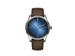H. Moser & Cie. Endeavour Centre Seconds Automatic Funky Blue Weißgold 40mm blaues Zifferblatt braunes Lederband – Herrenuhren Uhr ohne Datum aus 750 Weißgold. Das Gehäuse ist rund und silber. Das Lederarmband ist braun. Das Zifferblatt ist ein Index in blau.