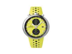 Junghans 1972 Competition FIS Edition Lemon 2023 Automatik Edelstahl 43mm gelbes Zifferblatt gelbes Lederband – Herrenuhren Chronograph aus Edelstahl und Leder. Das Gehäuse ist rund und silber. Das Lederarmband ist gelb. Das Zifferblatt ist ein Index in gelb.