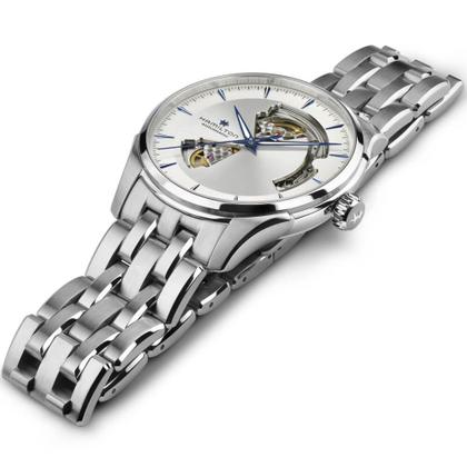 Hamilton Jazzmaster Open Heart Automatik Edelstahl 40mm silbernes Zifferblatt Metallband – Herrenuhren Uhr ohne Datum aus Edelstahl. Das Gehäuse ist rund und silber. Das Edelstahlarmband ist silber. Das Zifferblatt ist ein Index in silber. – Ansicht 2