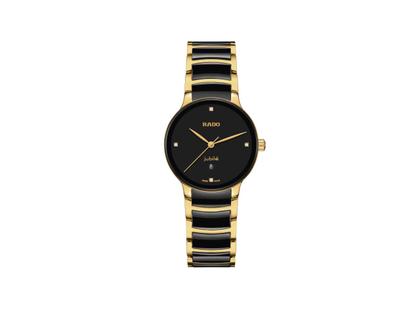 Rado Centrix Quarz Diamonds Edelstahl Gelbgold-PVD 30,5mm schwarzes Zifferblatt mit Brillanten Metallband – Damenuhren Uhr mit Datum aus Edelstahl, Keramik und PVD beschichtet. Das Gehäuse ist rund und schwarz. Das Keramikarmband ist mehrfarbig. Das Zifferblatt ist ein Index in schwarz.