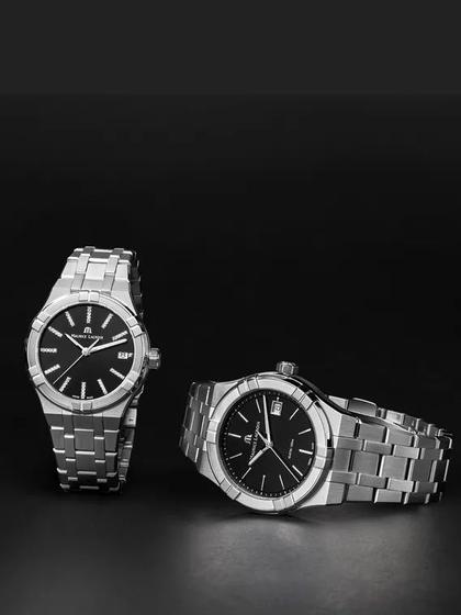 Maurice Lacroix Aikon Quartz Edelstahl 35mm schwarzes Zifferblatt Metallband – Damenuhren Uhr mit Datum aus Edelstahl, PVD beschichtet und vergoldet. Das Gehäuse ist rund und silber. Das Edelstahlarmband ist silber. Das Zifferblatt ist ein Index in schwarz. – Ansicht 2