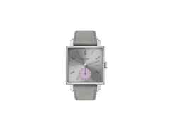 Nomos Glashütte Tetra Die Unerreichbare Handaufzug Edelstahl 29mm silberfarbenes Zifferblatt graues Veloursband Glasboden – Damenuhren Uhr ohne Datum aus Edelstahl und Leder. Das Gehäuse ist quadratisch und silber. Das Lederarmband ist grau. Das Zifferblatt ist arabisch Index und silber.