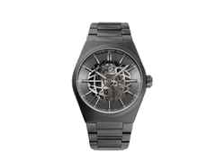 Frederique Constant Highlife Skeleton Automatik Edelstahl 41mm skelettiertes Zifferblatt Metallband und Kautschukband – Herrenuhren Uhr ohne Datum aus Edelstahl, Kautschuk und PVD beschichtet. Das Gehäuse ist rund und schwarz. Das Edelstahlarmband ist schwarz. Das Zifferblatt ist ein Index in grau.