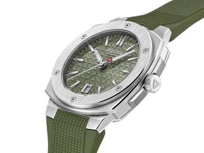 Alpina Alpiner Extreme Quartz Edelstahl 34mm grünes Zifferblatt grünes Kautschukband – Damenuhren Uhr mit Datum aus Edelstahl und Kautschuk. Das Gehäuse ist rund und silber. Das Kautschuk / Kunststoff / Silikon Armband ist grün. Das Zifferblatt ist ein Index in grün. – Ansicht 2