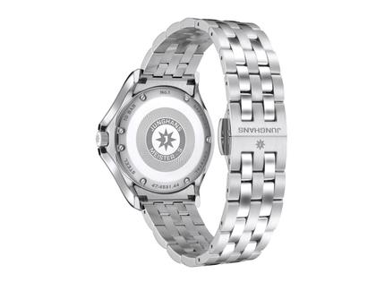 Junghans Meister S Quarz Edelstahl 35mm blaues Zifferblatt Metallband – Damenuhren Uhr mit Datum aus Edelstahl. Das Gehäuse ist rund und silber. Das Edelstahlarmband ist silber. Das Zifferblatt ist ein Index in blau. – Ansicht 2