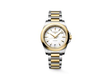 Longines Conquest Quarz Edelstahl 34mm weißes Zifferblatt Metallband – Damenuhren Uhr mit Datum aus Edelstahl und PVD beschichtet. Das Gehäuse ist rund und silber. Das Edelstahlarmband ist silber-gelbgold. Das Zifferblatt ist ein Index in weiß.