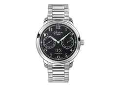 Glashütte Original Senator Observer Automatik Edelstahl 44mm schwarzes Zifferblatt Metallband – Herrenuhren Uhr mit Datum aus Edelstahl. Das Gehäuse ist rund und silber. Das Edelstahlarmband ist silber. Das Zifferblatt ist arabisch und schwarz.