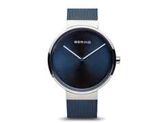 Bering 14539 Edelstahl Herrenuhr blaues Zifferblatt blaues Edelstahlband – Herrenuhren Uhr ohne Datum aus Edelstahl. Das Gehäuse ist rund und silber. Das Edelstahlarmband ist blau. Das Zifferblatt ist ohne Zeichen und blau.