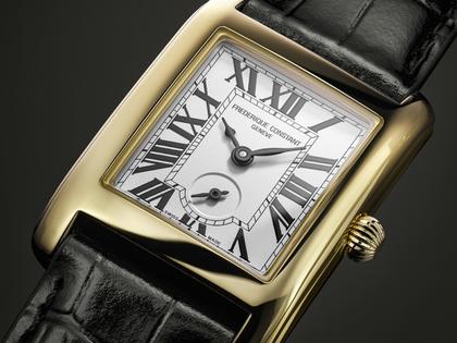 Frederique Constant Classics Carree Small Seconds Quarz Edelstahl Gelbgold-PVD 36x25mm weißes Zifferblatt schwarzes Lederband – Damenuhren Uhr mit Datum aus Edelstahl, Leder und PVD beschichtet. Das Gehäuse ist rechteckig und gelbgold. Das Lederarmband Kroko / Alligator ist schwarz. Das Zifferblatt ist römisch und weiß. – Ansicht 5