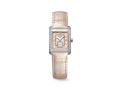 Longines DolceVita   Mini Quarz Edelstahl 22x29mm Brillantbesatz pinkes Zifferblatt pinkes Lederband – Damenuhren Uhr ohne Datum aus Edelstahl, Leder und vergoldet. Das Gehäuse ist rechteckig und silber. Das Lederarmband Kroko / Alligator ist pink. Das Zifferblatt ist römisch und pink.