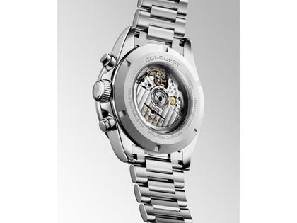 Longines Conquest Chronograph Automatik Edelstahl 42mm weiß-grünes Zifferblatt Metallband – Herrenuhren Chronograph aus Edelstahl und Keramik. Das Gehäuse ist rund und silber. Das Edelstahlarmband ist silber. Das Zifferblatt ist ein Index in silber. – Ansicht 3
