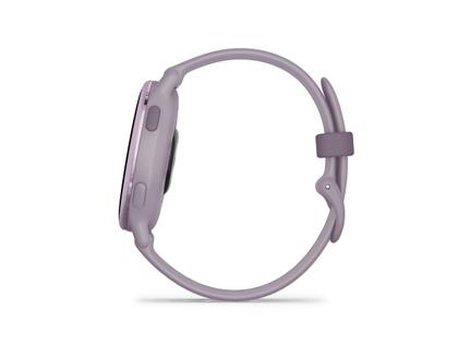 Garmin vívoactive 5 faserverstärktes Polymer orchidee/orchidee metallic 42mm orchideefarbenes Kautschukband – Damenuhren Uhr Multifunktion aus eloxiertes Aluminium, Kautschuk, Kunststoff und PVD beschichtet. Das Gehäuse ist rund und lila. Das Kautschuk / Kunststoff / Silikon Armband ist lila. Der Zifferblatt ist digital. – Ansicht 4
