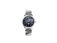 Frederique Constant Slimline Ladies Moonphase Quarz Edelstahl 30mm Perlmutt-Zifferblatt Metallband – Damenuhren Uhr ohne Datum aus Edelstahl. Das Gehäuse ist rund und silber. Das Edelstahlarmband ist silber. Das Zifferblatt ist ein Index in blau.