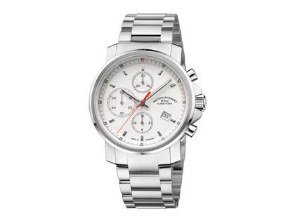 Mühle Glashütte 29er Chronograph Automatik Edelstahl 42,4mm weißes Zifferblatt Metallband – Herrenuhren Chronograph aus Edelstahl. Das Gehäuse ist rund und silber. Das Edelstahlarmband ist silber. Das Zifferblatt ist ein Index in weiß.