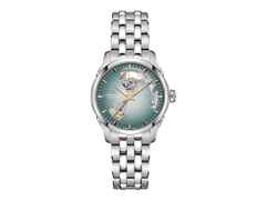 Hamilton Jazzmaster Open Heart Automatik Edelstahl 36mm hellblaues Zifferblatt Metallband – Damenuhren Uhr ohne Datum aus Edelstahl. Das Gehäuse ist rund und silber. Das Edelstahlarmband ist silber. Das Zifferblatt ist ein Index in blau.