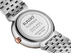 Rado Florence Classic Diamonds Quarz Edelstahl 30 mm braun Edelstahlband bicolor – Damenuhren Uhr mit Datum aus Edelstahl und PVD beschichtet. Das Gehäuse ist rund und roségold. Das Edelstahlarmband ist silber-roségold. Das Zifferblatt ist ein Index in braun. – Ansicht 4