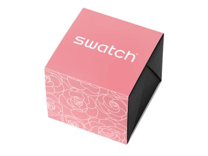 Swatch Irony Lady Blossom Time Petal Charm Quarz Edelstahl 33mm rosa Zifferblatt Metallband – Damenuhren Uhr ohne Datum aus Edelstahl. Das Gehäuse ist rund und silber. Das Edelstahlarmband ist silber. Das Zifferblatt ist ohne Zeichen und rosa. – Ansicht 7