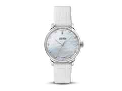 Union Glashütte Seris  Datum Damenuhr weißes Perlmuttzifferblatt und Brillanten – Damenuhren Uhr mit Datum aus Edelstahl und Leder. Das Gehäuse ist rund und silber. Das Lederarmband ist weiß. Das Zifferblatt ist ein Index in weiß.