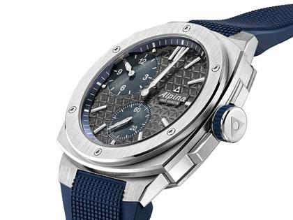 Alpina Alpiner Extreme Regulator Automatik Edelstahl 41mm graues Zifferblatt blaues Kautschukband – Herrenuhren Uhr ohne Datum aus Edelstahl und Kautschuk. Das Gehäuse ist rund und silber. Das Kautschuk / Kunststoff / Silikon Armband ist blau. Das Zifferblatt ist ein Index in grau. – Ansicht 3