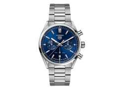 TAG Heuer Carrera Chronograph Automatik Edelstahl 42mm blaues Zifferblatt Metallband – Herrenuhren Chronograph aus Edelstahl und Keramik. Das Gehäuse ist rund und silber. Das Edelstahlarmband ist silber. Das Zifferblatt ist ein Index in blau.