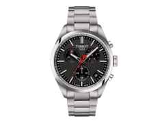 Tissot PR 100 Vuelta Chronograph Quarz Edelstahl 40mm schwarzes Zifferblatt Metallband – Herrenuhren Chronograph aus Edelstahl. Das Gehäuse ist rund und silber. Das Edelstahlarmband ist silber. Das Zifferblatt ist ein Index in schwarz.