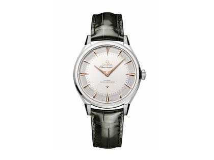 Herrenuhren Uhr ohne Datum aus 750 Rotgold, Edelstahl und Leder. Das Gehäuse ist rund und silber. Das Lederarmband Kroko / Alligator ist schwarz. Das Zifferblatt ist ein Index in silber.