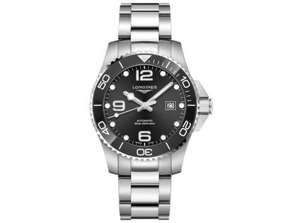 Longines HydroConquest Herrenuhr Automatik   43mm Edelstahl Keramiklünette schwarz Metallband – Herrenuhren Uhr mit Datum aus Edelstahl und Keramik. Das Gehäuse ist rund und silber. Das Edelstahlarmband ist silber. Das Zifferblatt ist arabisch Index und schwarz.