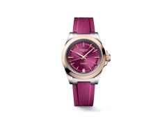 Longines Conquest Automatik Edelstahl 34mm magentafarbenes Zifferblatt magentafarbenes Kautschukband – Damenuhren Uhr mit Datum aus 750 Rotgold, Edelstahl und Kautschuk. Das Gehäuse ist rund und silber. Das Kautschuk / Kunststoff / Silikon Armband ist pink. Das Zifferblatt ist ein Index in silber.