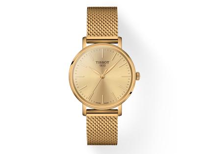 Damenuhren Uhr ohne Datum aus Edelstahl und PVD beschichtet. Das Gehäuse ist rund und gelbgold. Das Edelstahlarmband ist schwarz. Das Zifferblatt ist ein Index in gelbgold.