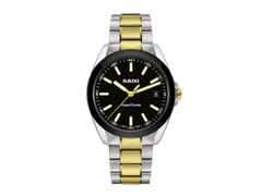 Rado HyperChrome Quarz Edelstahl 41,5mm schwarzes Zifferblatt zweifarbiges Metallband – Herrenuhren Uhr mit Datum aus Edelstahl, Keramik und PVD beschichtet. Das Gehäuse ist rund und silber. Das Edelstahlarmband mit Gold ist silber-gelbgold. Das Zifferblatt ist ein Index in schwarz.