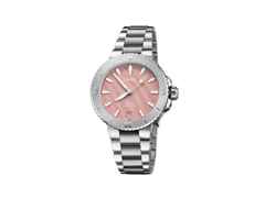 Oris Aquis Date Lady Automatik 36,5mm Edelstahl rosa Perlmutt-Zifferblatt Metallband – Damenuhren Uhr mit Datum aus Edelstahl. Das Gehäuse ist rund und silber. Das Edelstahlarmband ist silber. Das Zifferblatt ist ein Index in rosa.