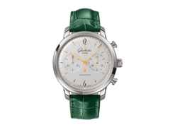 Glashütte Original Sixties Edelstahl silber Chronograph mit grünem Lederband – Herrenuhren Chronograph aus Edelstahl. Das Gehäuse ist rund und silber. Das Lederarmband Kroko / Alligator ist grün. Das Zifferblatt ist ein Index in silber. – Ansicht 2