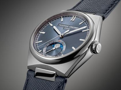Frederique Constant Highlife Moonphase Date Manufacture Automatik Edelstahl 39mm blaues Zifferblatt Metallband und blaues Lederband – Herrenuhren Uhr mit Datum aus Edelstahl und Leder. Das Gehäuse ist rund und silber. Das Edelstahlarmband ist silber. Das Zifferblatt ist ein Index in blau. – Ansicht 7
