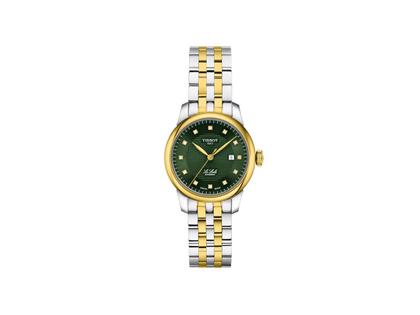 Tissot LeLocle Automatik Edelstahl Gelbgold-PVD 29mm grünes Zifferblatt mit Diamanten Metallband – Damenuhren Uhr mit Datum aus 750 Gelbgold, Edelstahl und PVD beschichtet. Das Gehäuse ist rund und silber. Das Edelstahlarmband ist silber-gelbgold. Das Zifferblatt ist ein Index in grün.